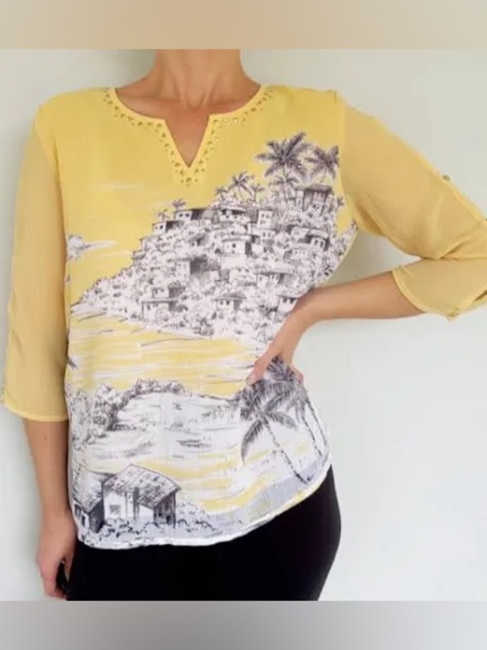 Alfred Dunner 14 notched V neck sheer yellow top tunic blouse Mediterranean